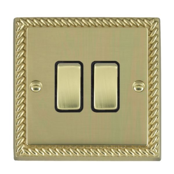 Hamilton 90R22PB-B Cheriton Georgian Polished Brass 2 Gang 10AX 2 Way Switch with Polished Brass Rockers and Black Surround