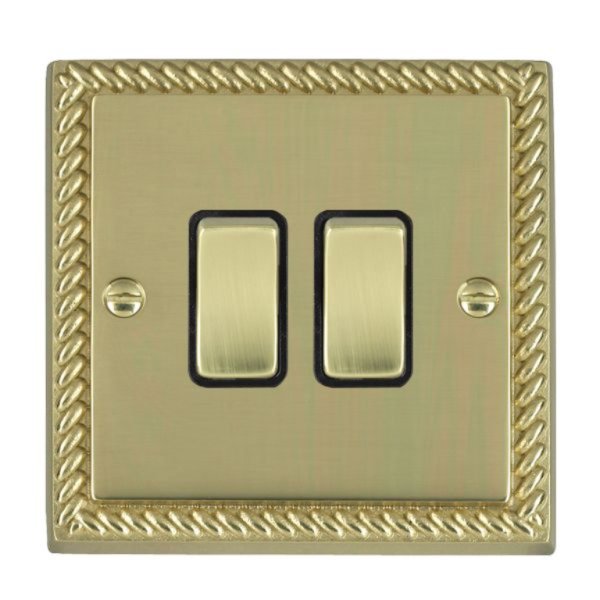 Hamilton 90R22PB-B Cheriton Georgian Polished Brass 2 Gang 10AX 2 Way Switch with Polished Brass Rockers and Black Surround