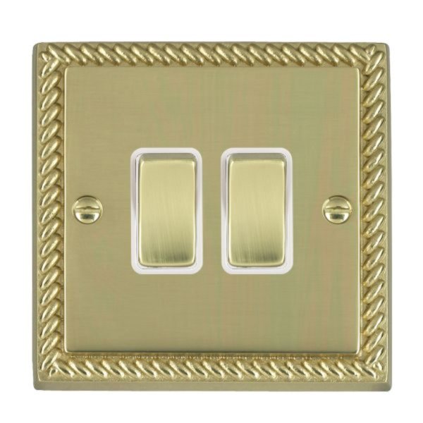 Hamilton 90R22PB-W Cheriton Georgian Polished Brass 2 Gang 10AX 2 Way Switch with Polished Brass Rockers and White Surround