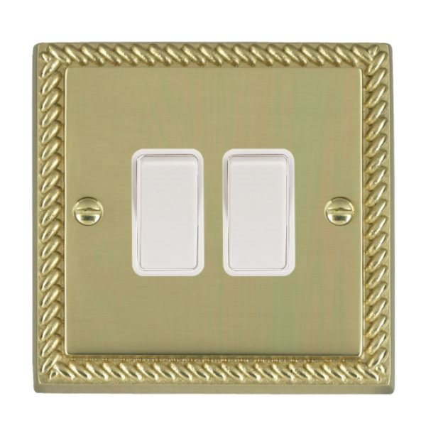 Hamilton 90R22WH-W Cheriton Georgian Polished Brass 2 Gang 10AX 2 Way Switch with White Rockers and White Surround
