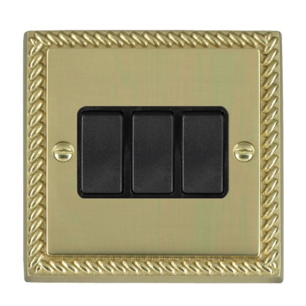 Hamilton 90R23BL-B Cheriton Georgian Polished Brass 3 Gang 10AX 2 Way Switch with Black Rockers and Black Surround