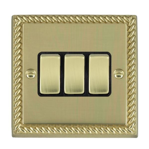 Hamilton 90R23PB-B Cheriton Georgian Polished Brass 3 Gang 10AX 2 Way Switch with Polished Brass Rockers and Black Surround