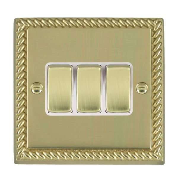 Hamilton 90R23PB-W Cheriton Georgian Polished Brass 3 Gang 10AX 2 Way Switch with Polished Brass Rockers and White Surround