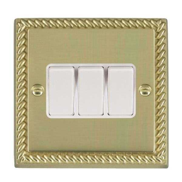 Hamilton 90R23WH-W Cheriton Georgian Polished Brass 3 Gang 10AX 2 Way Switch with White Rockers and White Surround