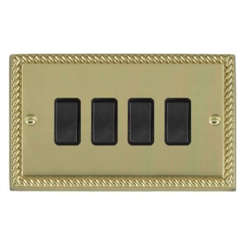 Hamilton 90R24BL-B Cheriton Georgian Polished Brass 4 Gang 10AX 2 Way Switch with Black Rockers and Black Surround