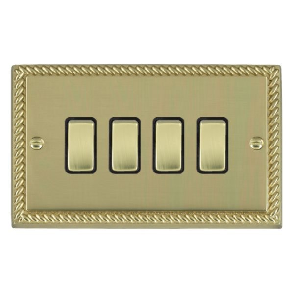 Hamilton 90R24PB-B Cheriton Georgian Polished Brass 4 Gang 10AX 2 Way Switch with Polished Brass Rockers and Black Surround
