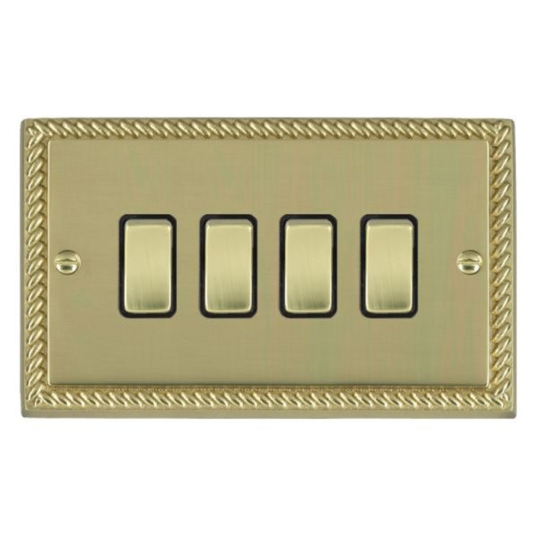 Hamilton 90R24PB-B Cheriton Georgian Polished Brass 4 Gang 10AX 2 Way Switch with Polished Brass Rockers and Black Surround