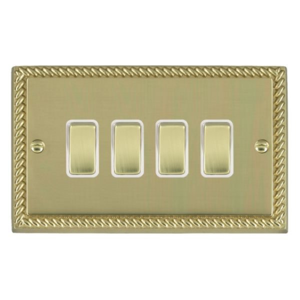 Hamilton 90R24PB-W Cheriton Georgian Polished Brass 4 Gang 10AX 2 Way Switch with Polished Brass Rockers and White Surround