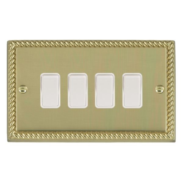 Hamilton 90R24WH-W Cheriton Georgian Polished Brass 4 Gang 10AX 2 Way Switch with White Rockers and White Surround