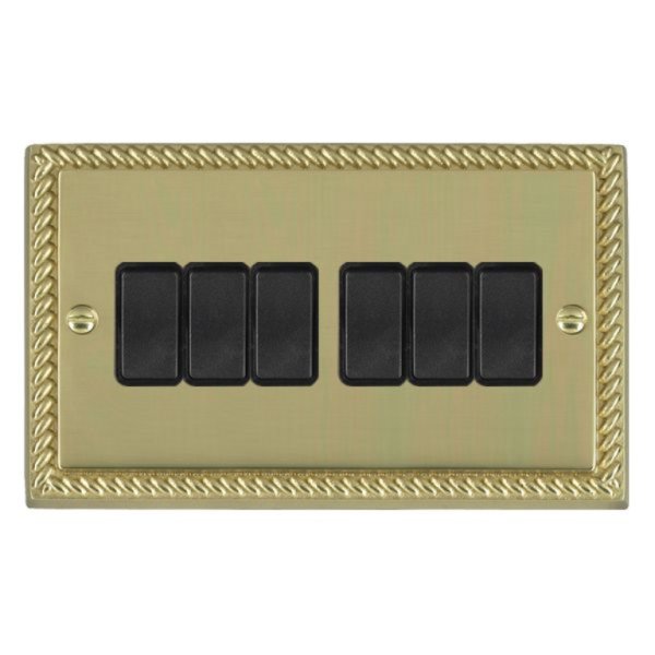 Hamilton 90R26BL-B Cheriton Georgian Polished Brass 6 Gang 10AX 2 Way Switch with Black Rockers and Black Surround