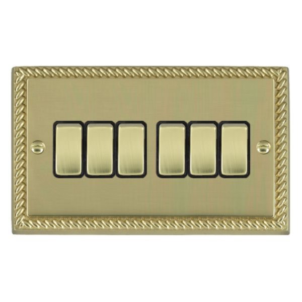 Hamilton 90R26PB-B Cheriton Georgian Polished Brass 6 Gang 10AX 2 Way Switch with Polished Brass Rockers and Black Surround