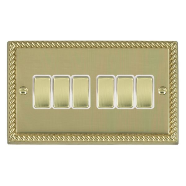 Hamilton 90R26PB-W Cheriton Georgian Polished Brass 6 Gang 10AX 2 Way Switch with Polished Brass Rockers and White Surround