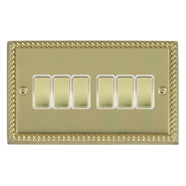 Hamilton 90R26PB-W Cheriton Georgian Polished Brass 6 Gang 10AX 2 Way Switch with Polished Brass Rockers and White Surround