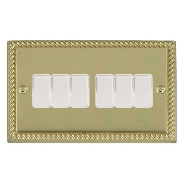 Hamilton 90R26WH-W Cheriton Georgian Polished Brass 6 Gang 10AX 2 Way Switch with White Rockers and White Surround