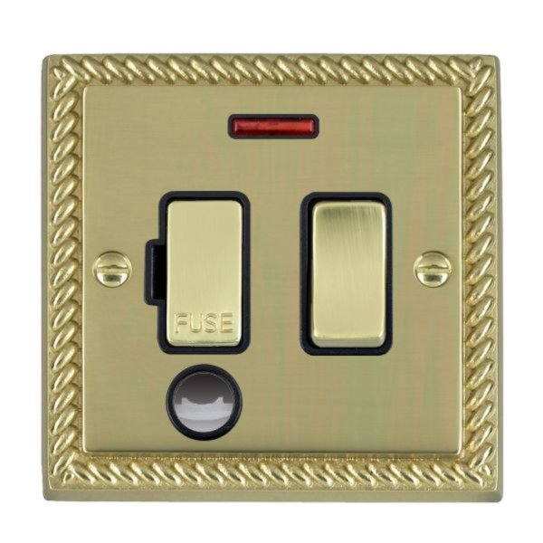 Hamilton 90SPNCPB-B Cheriton Georgian Polished Brass 13A Double Pole Switched Fused Spur, Neon and Cable Outlet with Polished Brass Insert and Black Surround