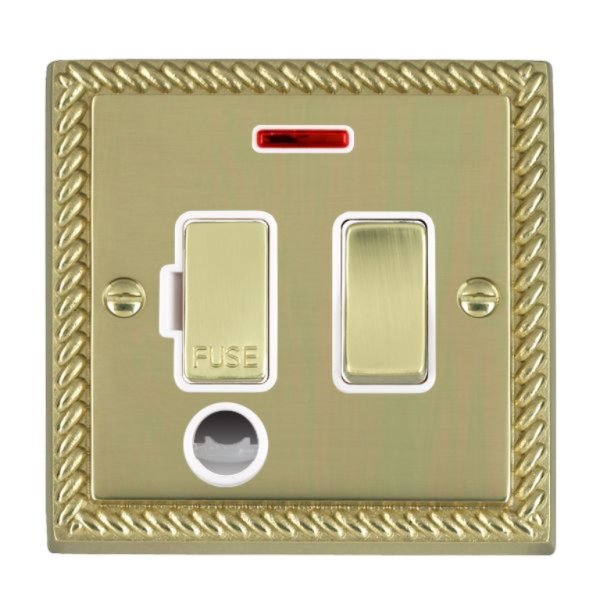 Hamilton 90SPNCPB-W Cheriton Georgian Polished Brass 13A Double Pole Switched Fused Spur, Neon and Cable Outlet with Polished Brass Insert and White Surround