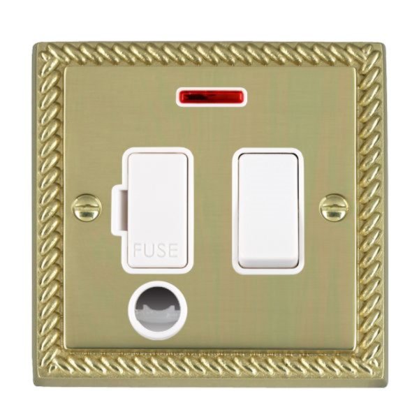 Hamilton 90SPNCWH-W Cheriton Georgian Polished Brass 13A Double Pole Switched Fused Spur, Neon and Cable Outlet with White Insert and White Surround