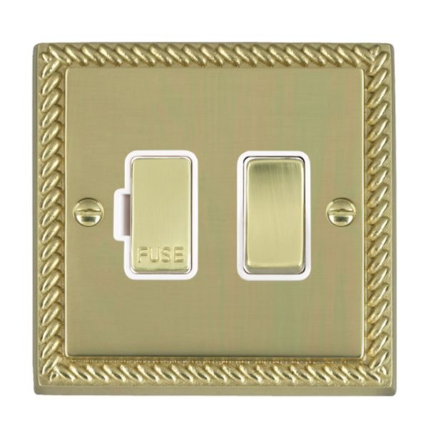 Hamilton 90SPPB-W Cheriton Georgian Polished Brass 13A Double Pole Switched Fused Spur with Polished Brass Insert and White Surround
