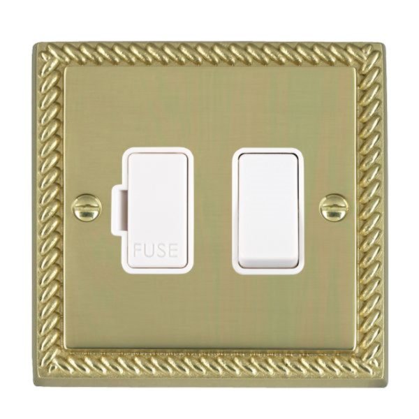 Hamilton 90SPWH-W Cheriton Georgian Polished Brass 13A Double Pole Switched Fused Spur with White Insert and White Surround