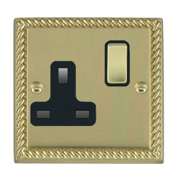 Hamilton 90SS1PB-B Cheriton Georgian Polished Brass 1 Gang 13A Double Pole Switched Socket with Polished Brass Rocker and Black Surround