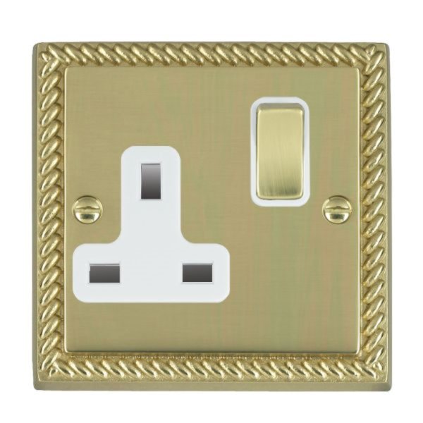 Hamilton 90SS1PB-W Cheriton Georgian Polished Brass 1 Gang 13A Double Pole Switched Socket with Polished Brass Rocker and White Surround