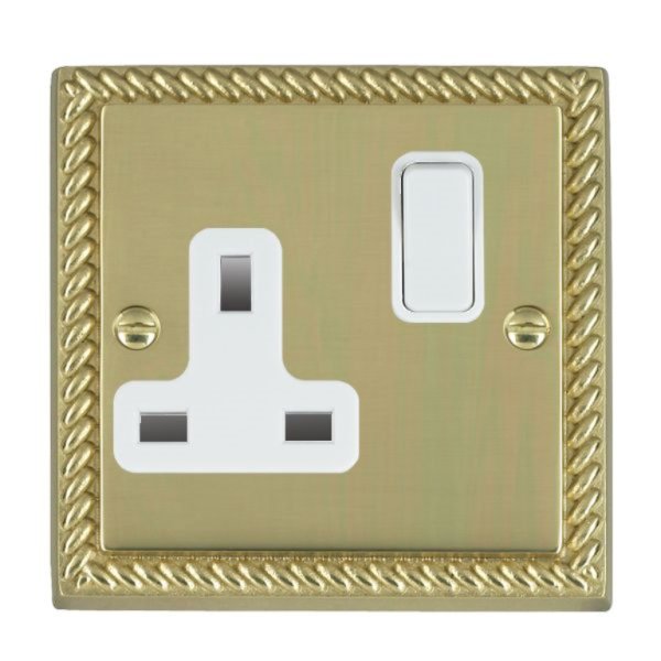 Hamilton 90SS1WH-W Cheriton Georgian Polished Brass 1 Gang 13A Double Pole Switched Socket with White Rocker and White Surround
