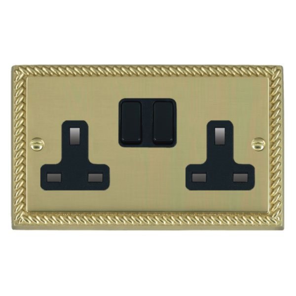 Hamilton 90SS2BL-B Cheriton Georgian Polished Brass 2 Gang 13A Double Pole Switched Socket with Black Rockers and Black Surround