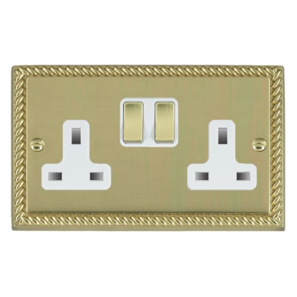 Hamilton 90SS2PB-W Cheriton Georgian Polished Brass 2 Gang 13A Double Pole Switched Socket with Polished Brass Rockers and White Surround