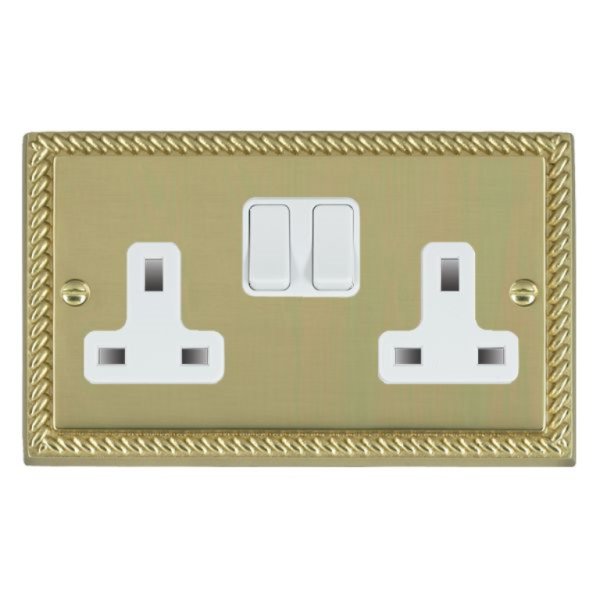 Hamilton 90SS2WH-W Cheriton Georgian Polished Brass 2 Gang 13A Double Pole Switched Socket with White Rockers and White Surround