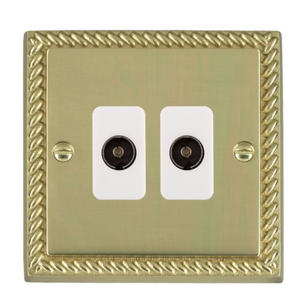 Hamilton 90TV2W Cheriton Georgian Polished Brass 2 Gang Non-Isolated 2 In/2 Out TV Socket with White Insert