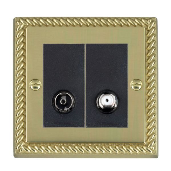 Hamilton 90TVSATB Cheriton Georgian Polished Brass Non-Isolated 2 In/2 Out TV and Satellite Socket with Black Insert