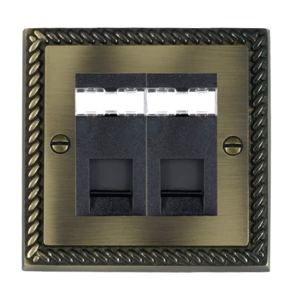 Hamilton 912J12B Cheriton Georgian Antique Brass 2 Gang Unshielded RJ12 Socket with Black Insert