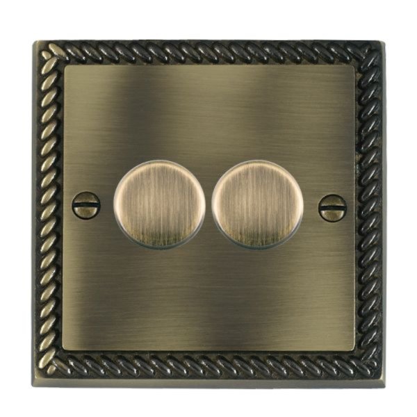 Hamilton 912XLEDITB100 Cheriton Georgian Antique Brass 2 Gang 100W 2 Way Push On/Off Rotary Switching LED Dimmer with Antique Brass Knobs