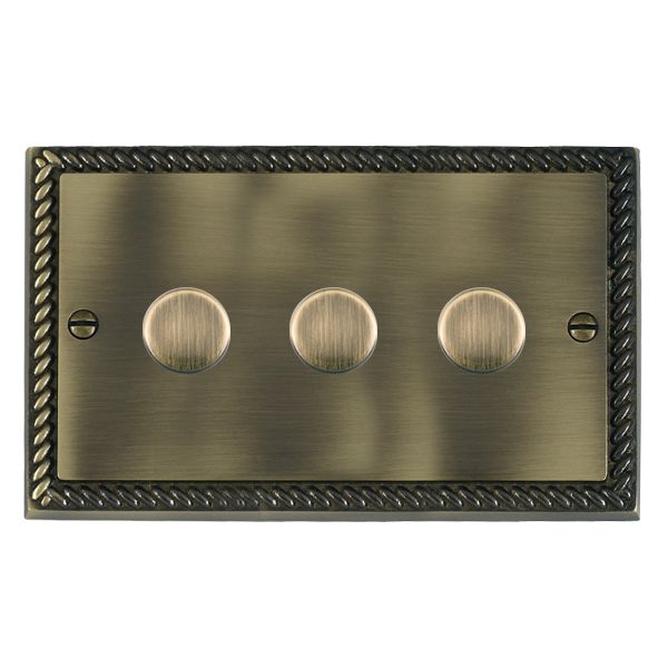 Hamilton 913X40 Cheriton Georgian Antique Brass gang 400w Resistive Leading Edge Push On/Off Rotary 2 Way Switching Dimmer with Antique Brass Knob