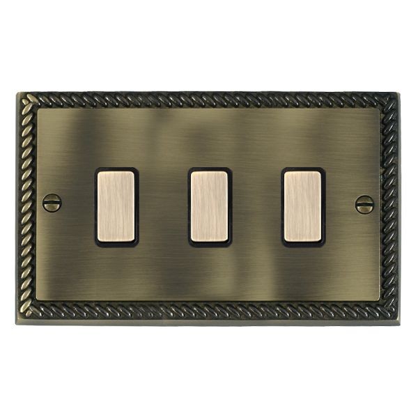 Hamilton 913XTMAB-B Cheriton Georgian Antique Brass 3 Gang 250W/210VA Multi-Way Touch Master Dimmer with Antique Brass Inserts and Black Surround