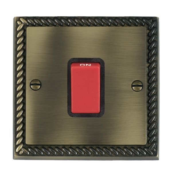 Hamilton 9145B Cheriton Georgian Antique Brass 45A Double Pole Switch with Red Rocker and Black Surround