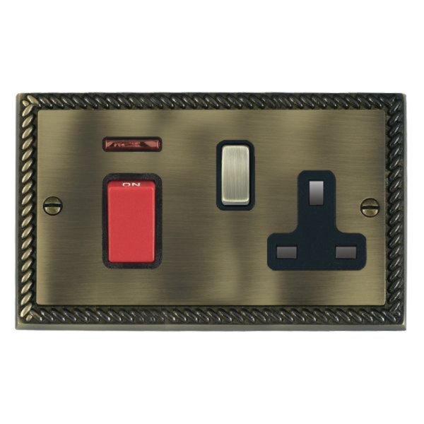 Hamilton 9145SS1AB-B Cheriton Georgian Antique Brass 45A Double Pole Switch with Red Rocker and Neon plus 13A Switched Socket with Antique Brass Rocker and Black Surround