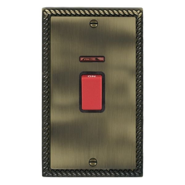 Hamilton 9145VB Cheriton Georgian Antique Brass 45A Vertical Double Pole Switch and Neon with Red Rocker and Black Surround