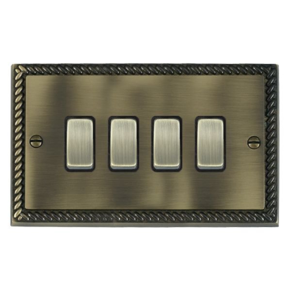 Hamilton 91R24AB-B Cheriton Georgian Antique Brass 4 Gang 10AX 2 Way Switch with Antique Brass Rockers and Black Surround