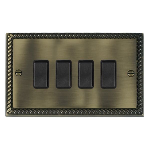 Hamilton 91R24BL-B Cheriton Georgian Antique Brass 4 Gang 10AX 2 Way Switch with Black Rockers and Black Surround