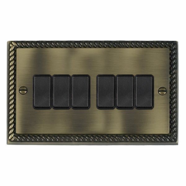 Hamilton 91R26BL-B Cheriton Georgian Antique Brass 6 Gang 10AX 2 Way Switch with Black Rockers and Black Surround