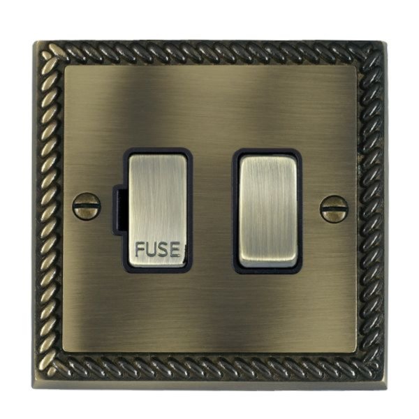 Hamilton 91SPAB-B Cheriton Georgian Antique Brass 13A Double Pole Switched Fused Spur with Antique Brass Insert and Black Surround