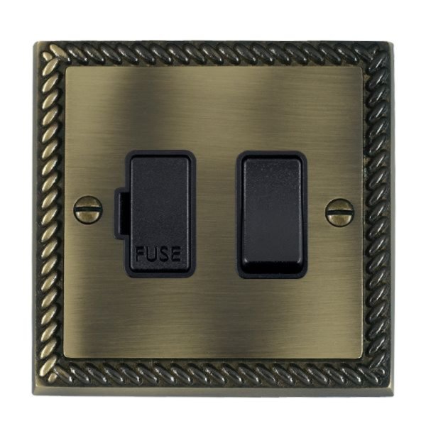 Hamilton 91SPBL-B Cheriton Georgian Antique Brass 13A Double Pole Switched Fused Spur with Black Insert and Black Surround