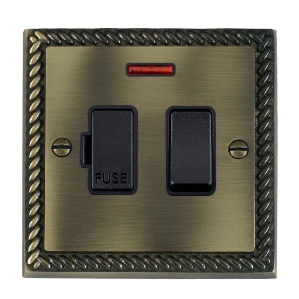 Hamilton 91SPNBL-B Cheriton Georgian Antique Brass 13A Double Pole Switched Fused Spur and Neon with Black Insert and Black Surround