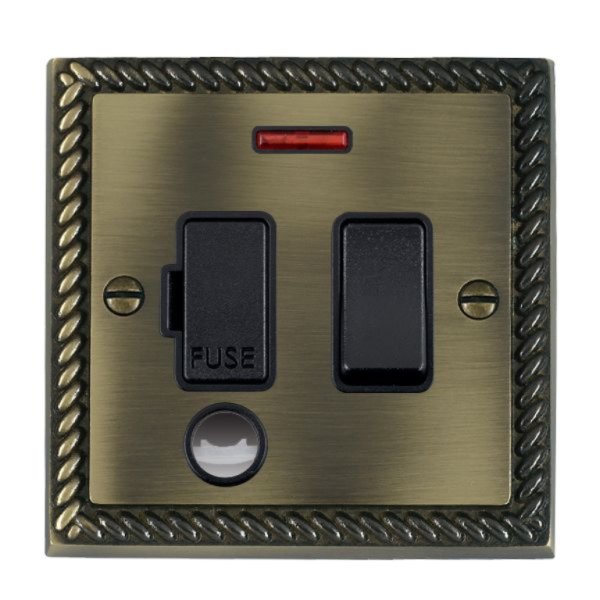 Hamilton 91SPNCBL-B Cheriton Georgian Antique Brass 13A Double Pole Switched Fused Spur, Neon and Cable Outlet with Black Insert and Black Surround