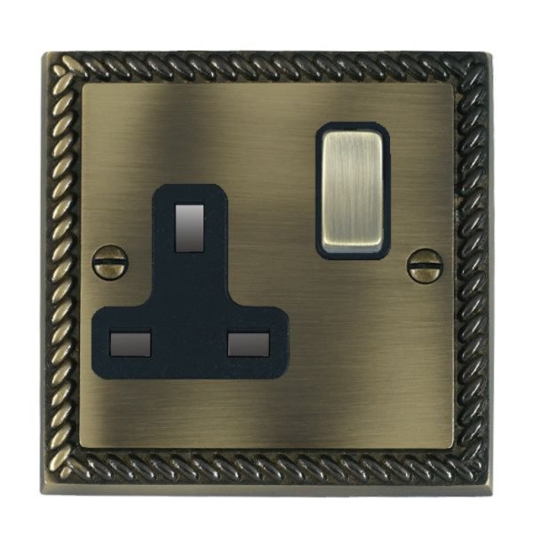 Hamilton 91SS1AB-B Cheriton Georgian Antique Brass 1 Gang 13A Double Pole Switched Socket with Antique Brass Rocker and Black Surround