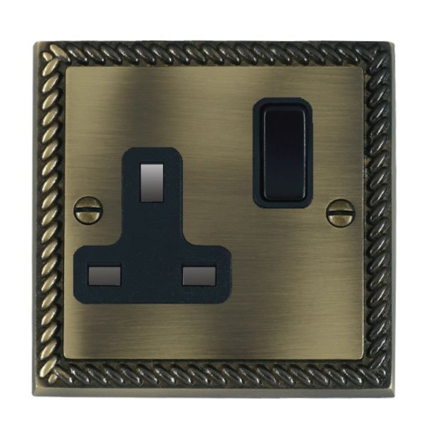 Hamilton 91SS1BL-B Cheriton Georgian Antique Brass 1 Gang 13A Double Pole Switched Socket with Black Rocker and Black Surround