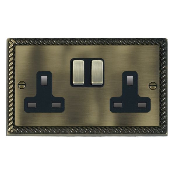 Hamilton 91SS2AB-B Cheriton Georgian Antique Brass 2 Gang 13A Double Pole Switched Socket with Antique Brass Rockers and Black Surround
