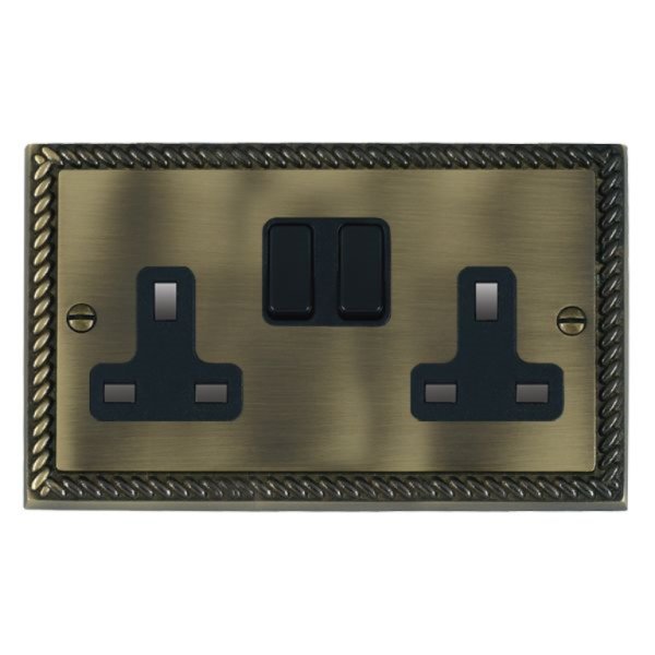 Hamilton 91SS2BL-B Cheriton Georgian Antique Brass 2 Gang 13A Double Pole Switched Socket with Black Rockers and Black Surround