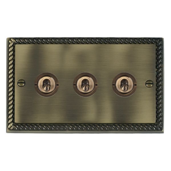 Hamilton 91T23 Cheriton Georgian Antique Brass 3 Gang 20AX 2 Way Toggle Switch with Antique Brass Toggles